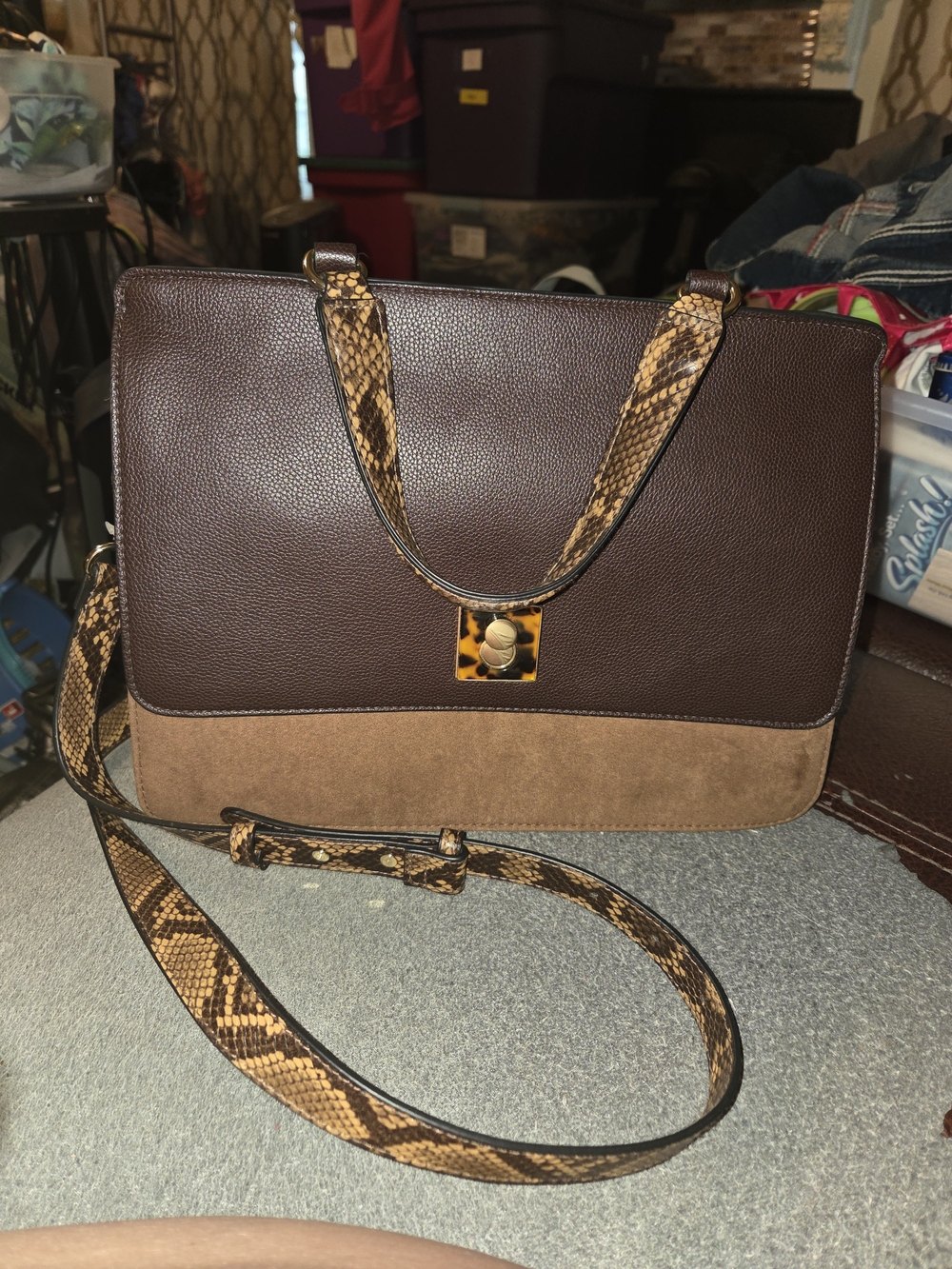 Alfani Brown Two-Tone Satchel with Snake-Print Strap